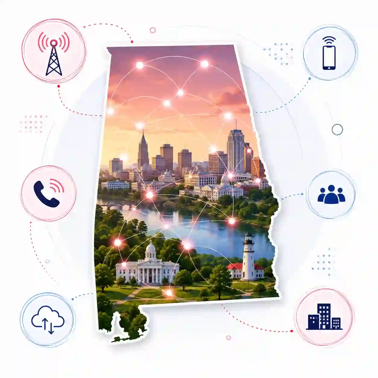 Alabama state map with icons for mobile, office, remote team and call center connected to a central phone pin